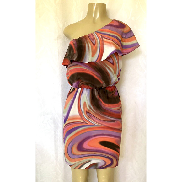 Halston Heritage One Shoulder Ruffled Dress Swirl Silk Mini Orange Purpl… - Picture 2 of 9